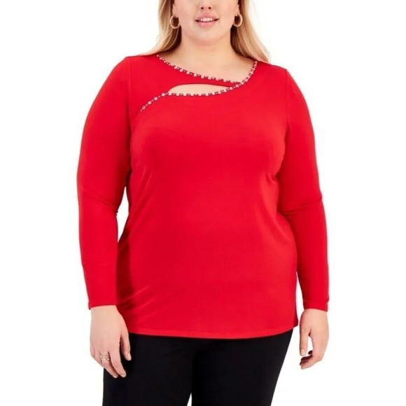 JM Collection Women’s NWT Embellished Cutout Top In Red Plus Size 3X Jeweled New - Picture 1 of 7